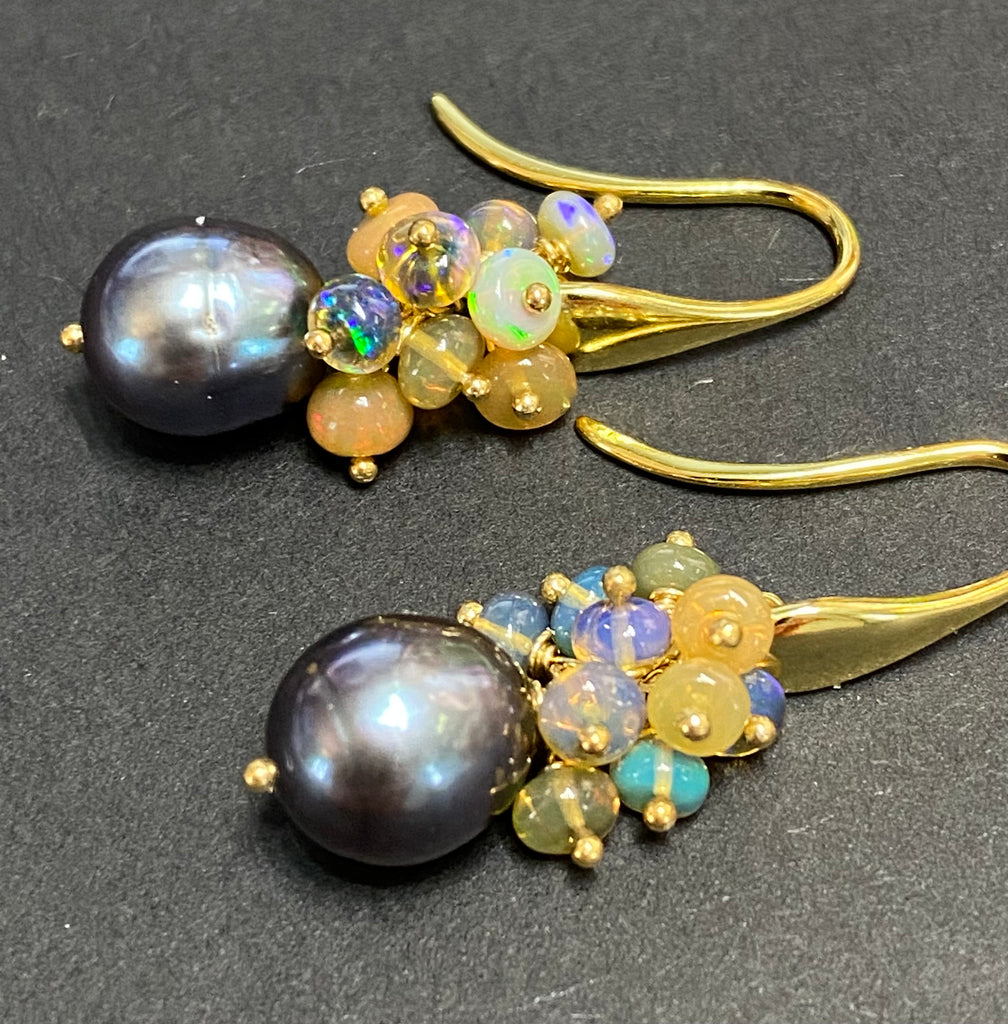 Black Grey Baroque Pearl Opal Cluster Gold Earrings