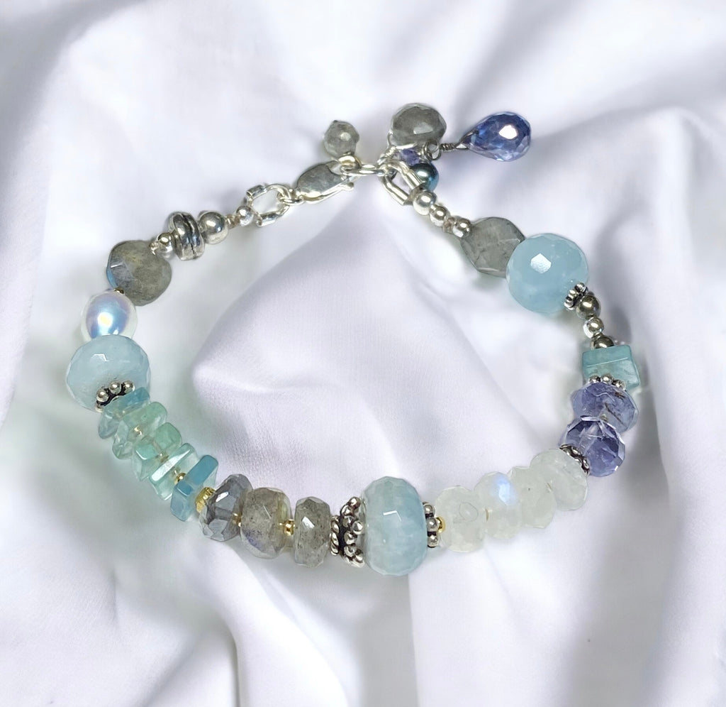 Blue Gray Gemstone Silk Knotted Bracelet Sterling Silver 2