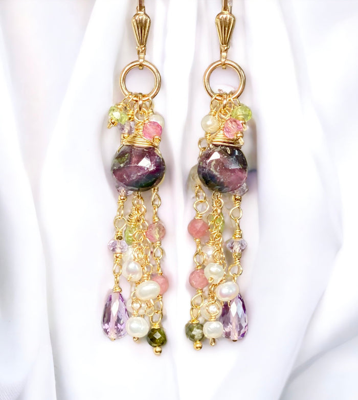 Plum Purple Tourmaline Pastel Gemstone Long Dangle Earrings 2