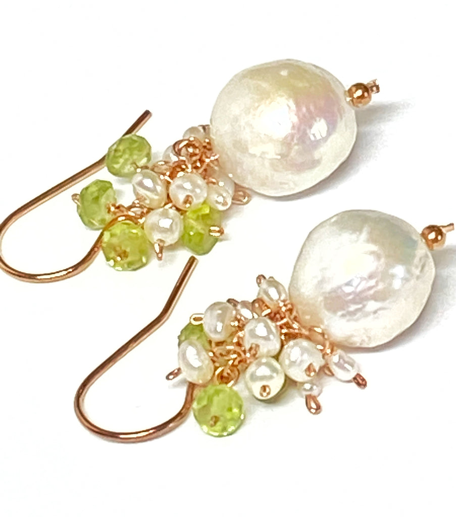 Peridot and Edison Pearl Cluster Earrings, Gold Fill, Rose Gold, Sterling Silver