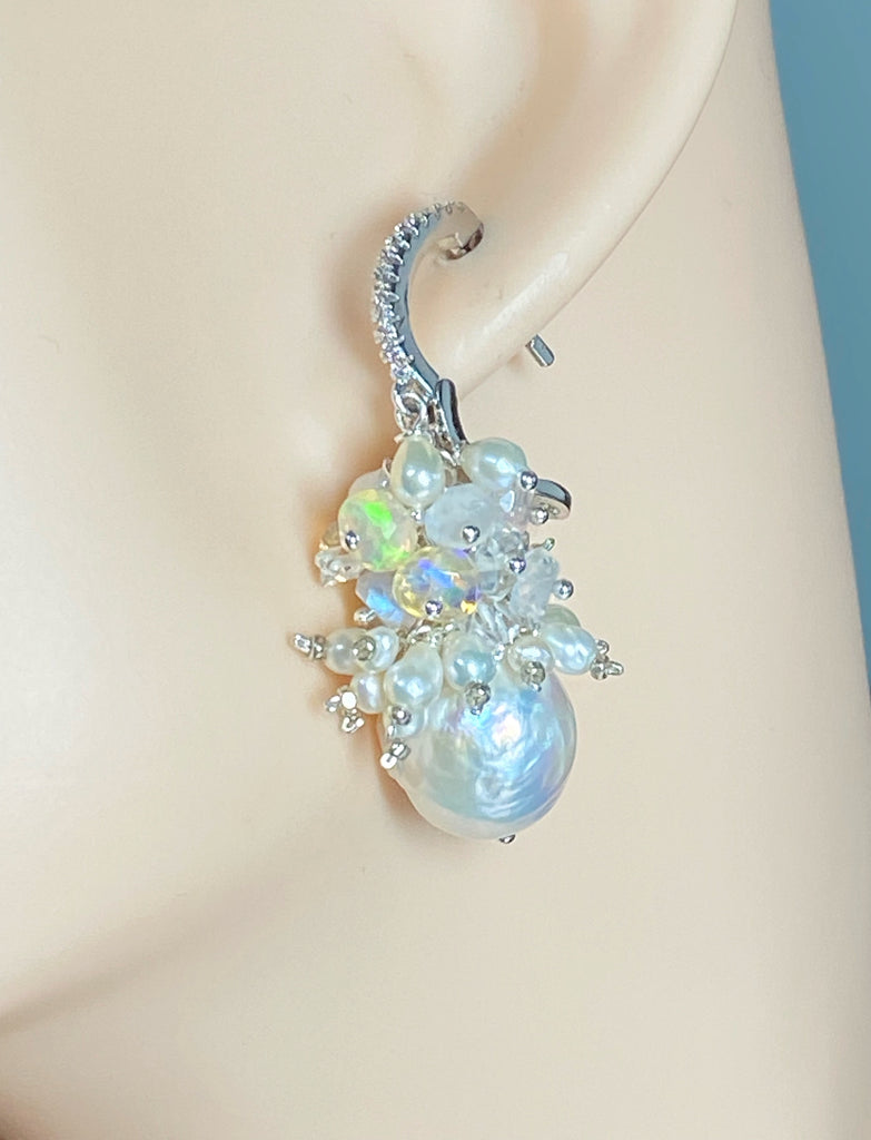 Baroque Edison Pearl and Opal Cluster Earrings Sterling Silver