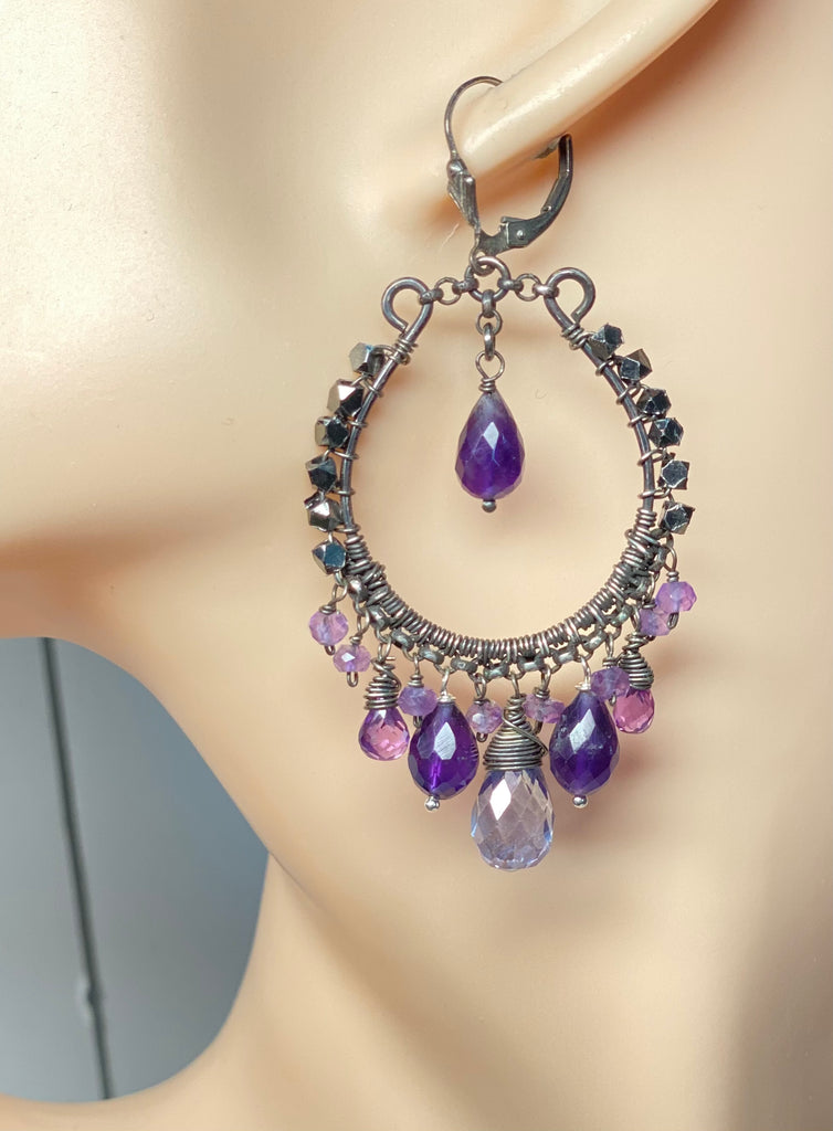 Boho Hoop Earrings Oxidized Sterling Silver Blue Violet Gemstones