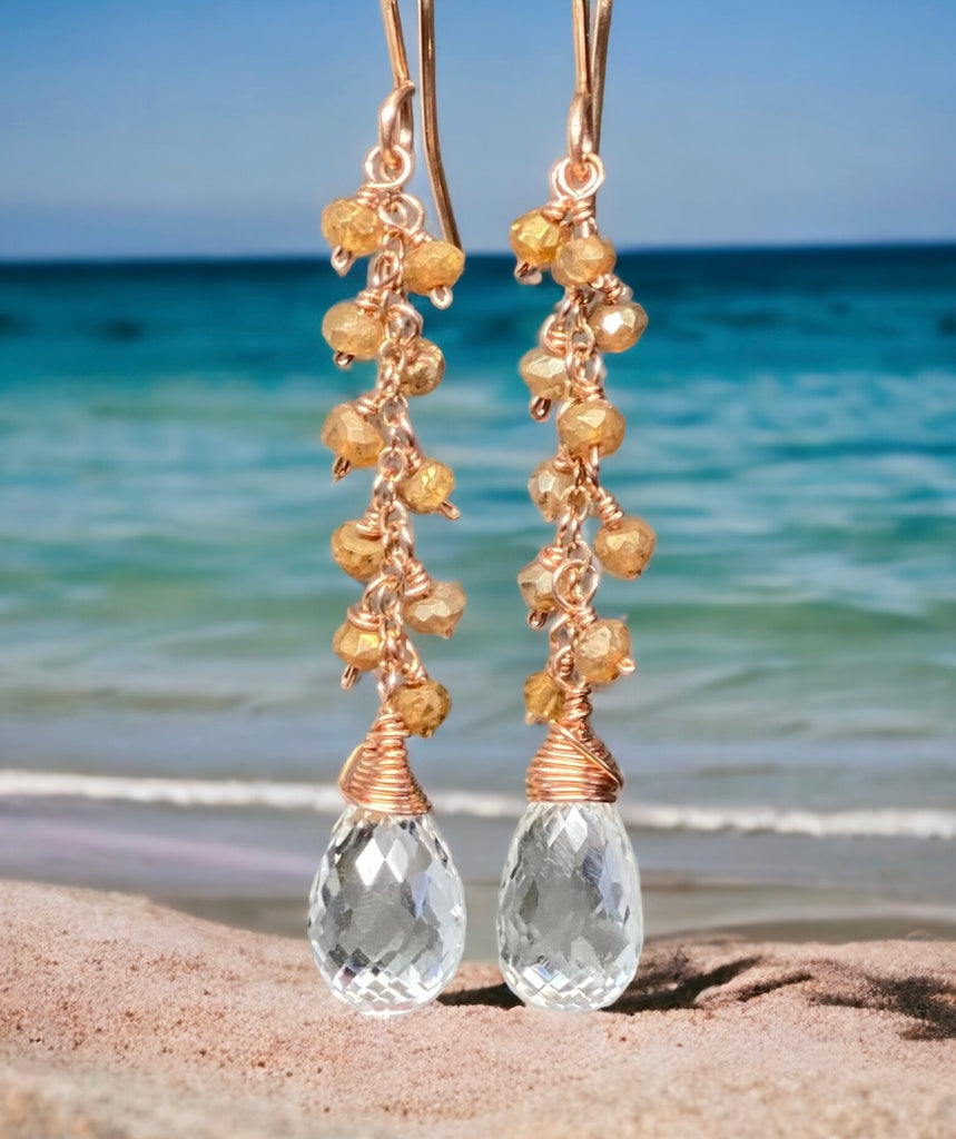 Crystal Quartz Rose Gold Gemstone Dangle Earrings with Gold Labradorite