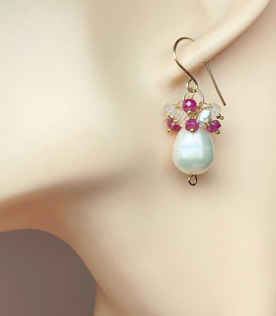 Pearl Earrings with Ruby, Opal, Keishi Pearl Clusters, Gold Fill