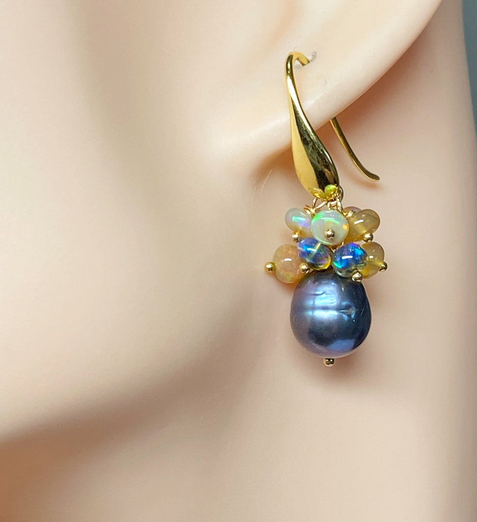 Black Grey Baroque Pearl Opal Cluster Gold Earrings