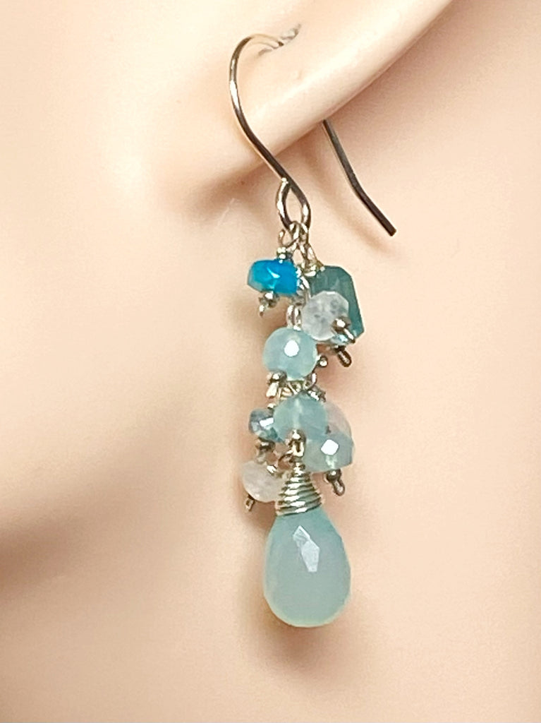 Aqua Chalcedony, Moonstone and Sterling Silver Dangle Earrings