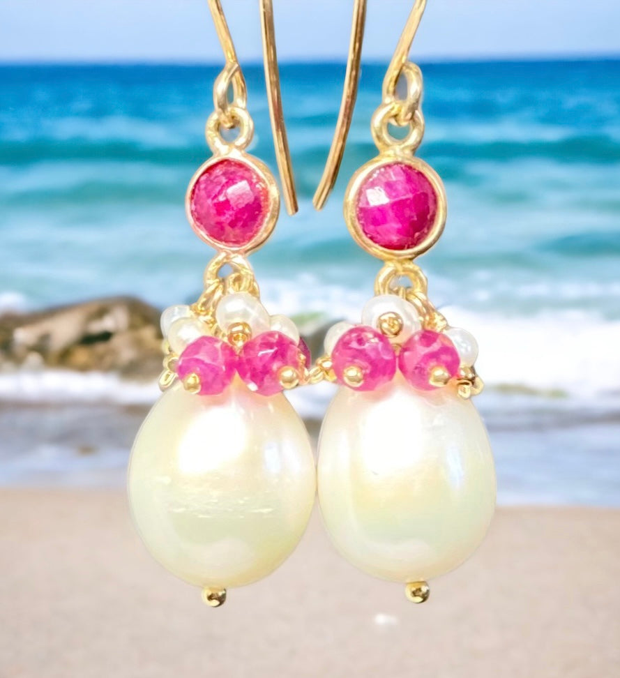Freshwater pearl earrings with ruby connectors and clusters of rubies and pearls in gold fill