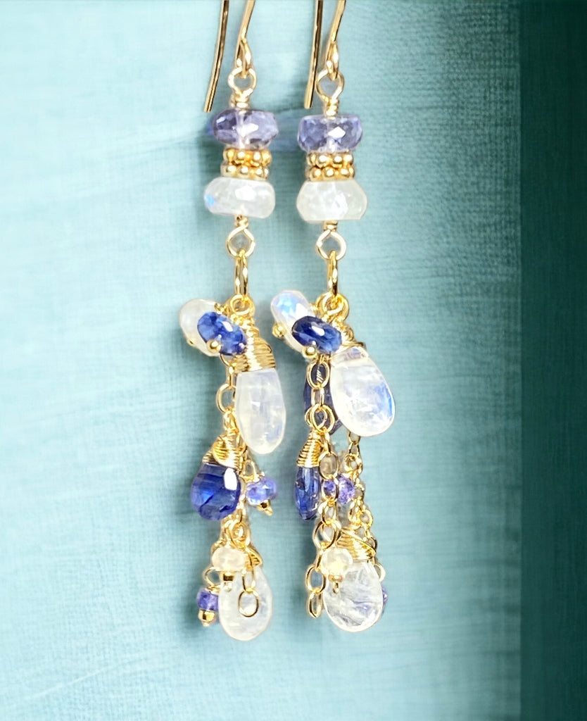 Rainbow Moonstone Tanzanite Kyanite Blue & White Boho Dangle Earrings