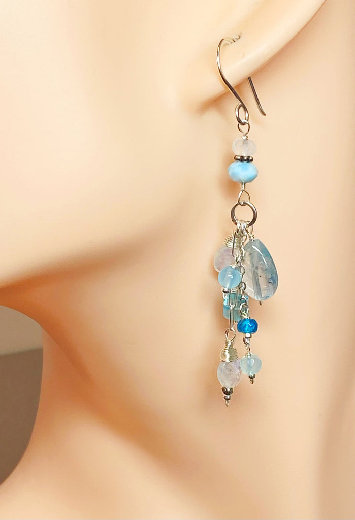 Aquamarine, Moonstone, Gemstone Long Sterling Silver Boho Dangle Earrings