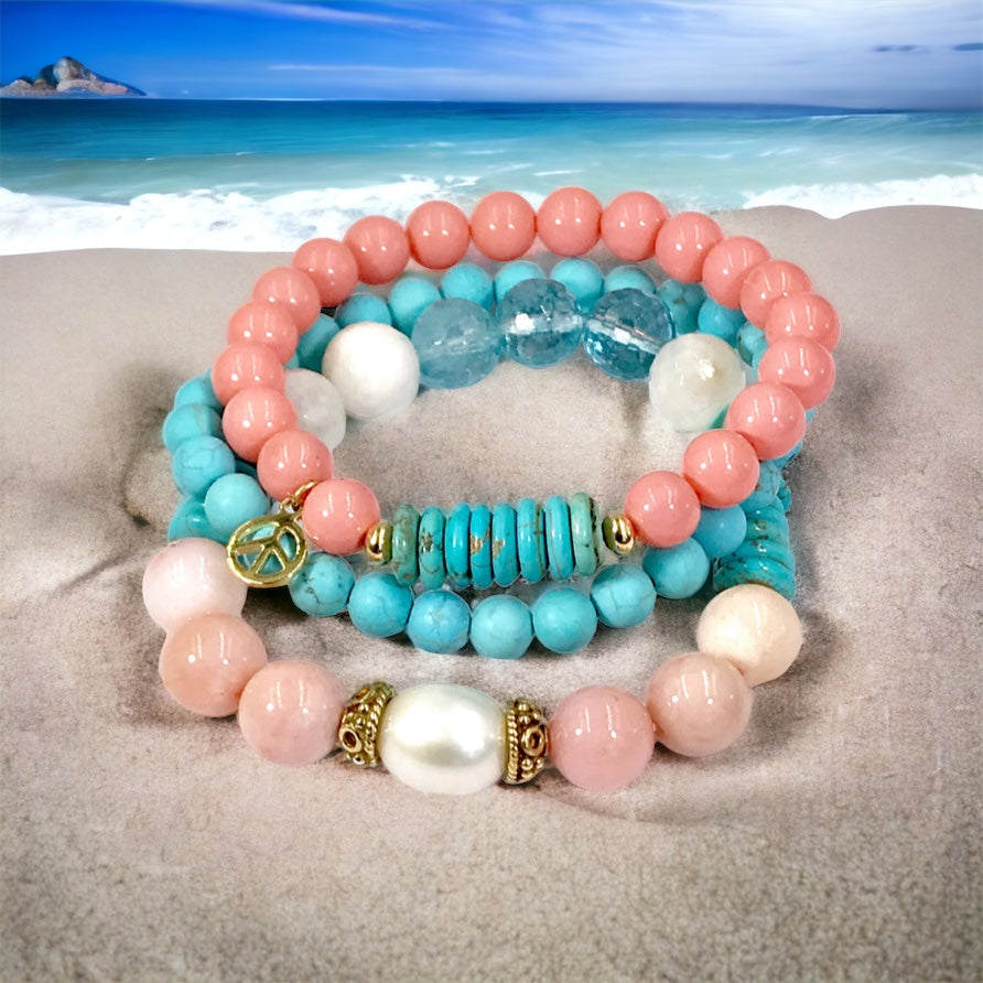 Turquoise Coral Stack Bracelet Set of 3 Boho Style