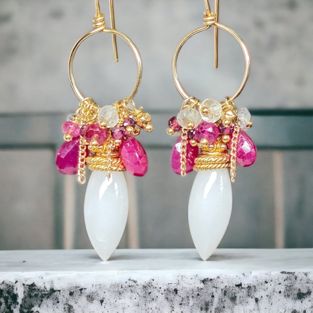 Ruby Hoop Earrings in Gold Fill with White Aventurine