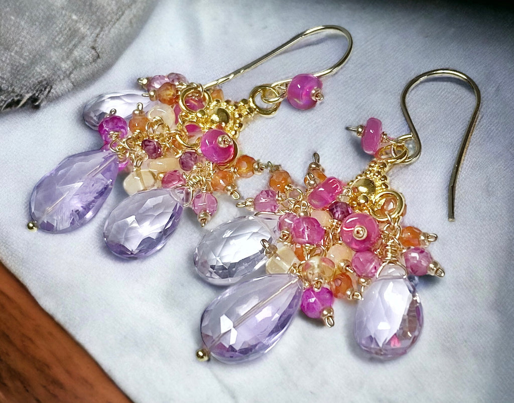 Statement Multi Gemstone Chandelier Earrings, Gold