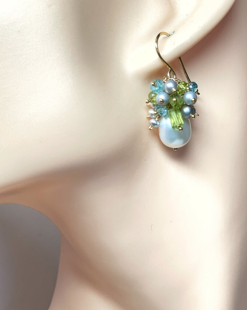 Peridot Pearl Cluster Earrings Blue Zircon Gold