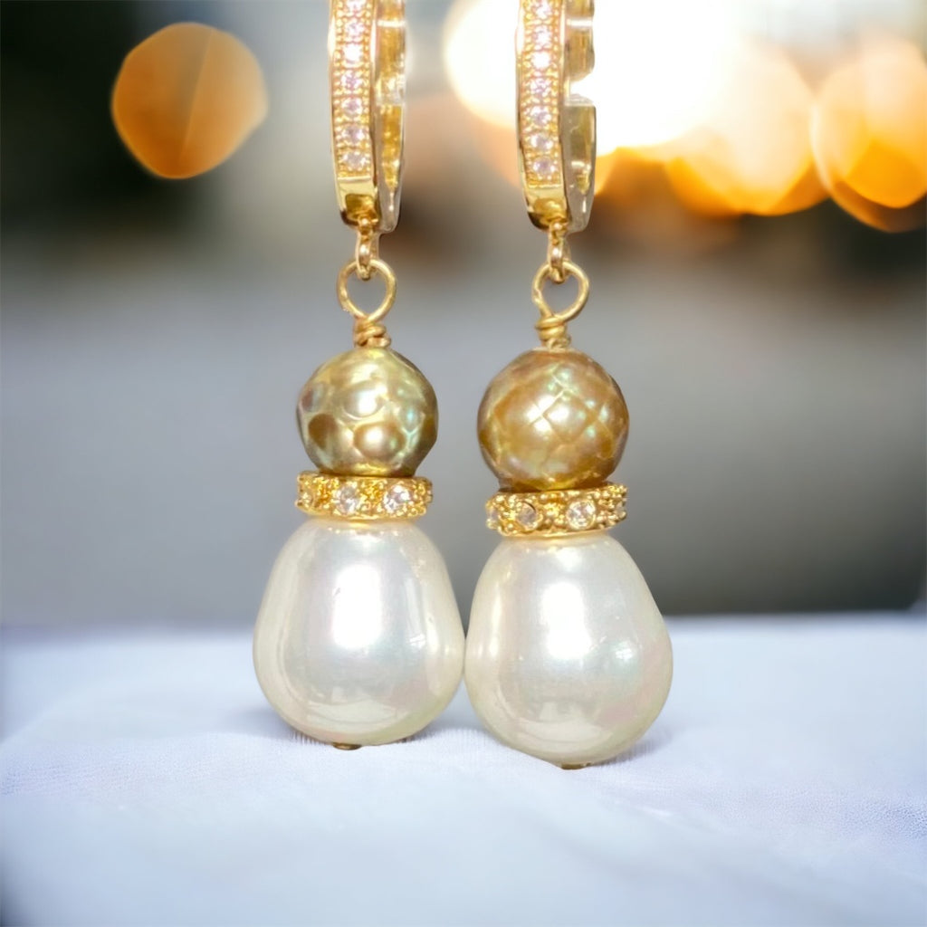 Gold Laser Faceted Pearl Earrings