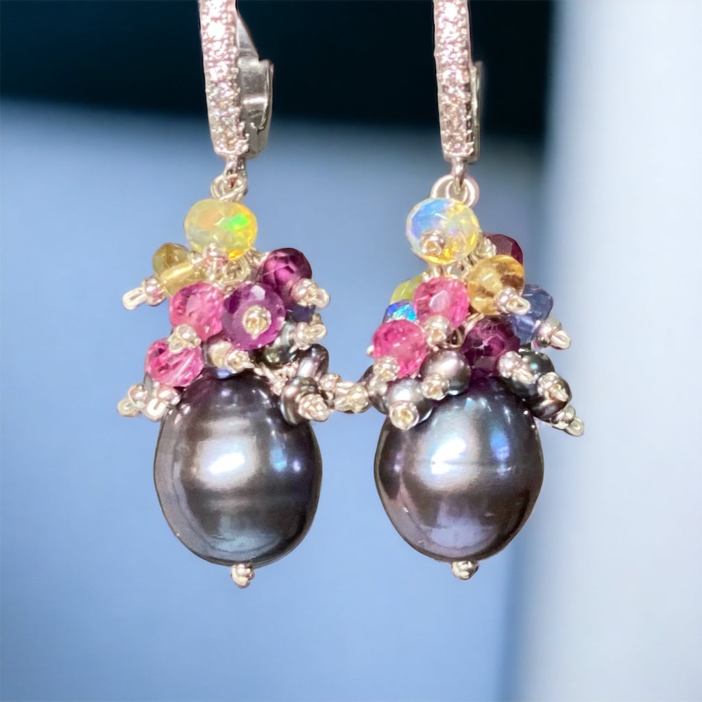 Black Peacock Pearl Earrings with Gemstone Clusters in Sterling Silver