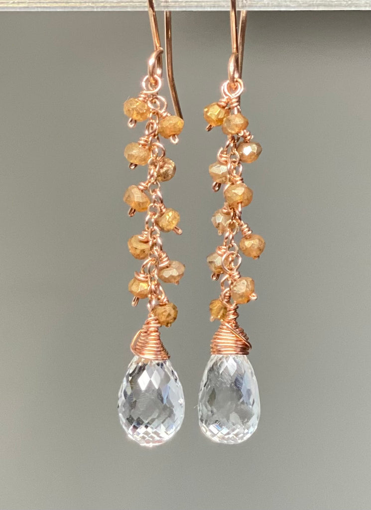 Crystal Quartz Rose Gold Gemstone Dangle Earrings with Gold Labradorite