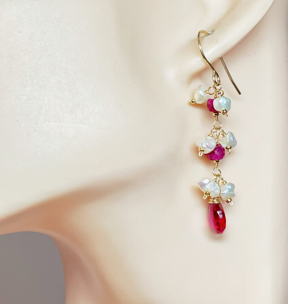 Ruby and Red Topaz Dangle Earrings with Pearls