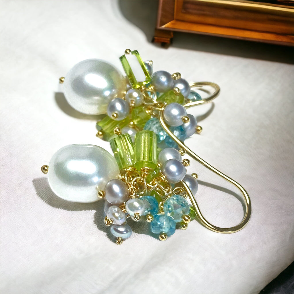 Peridot Pearl Cluster Earrings Blue Zircon Gold