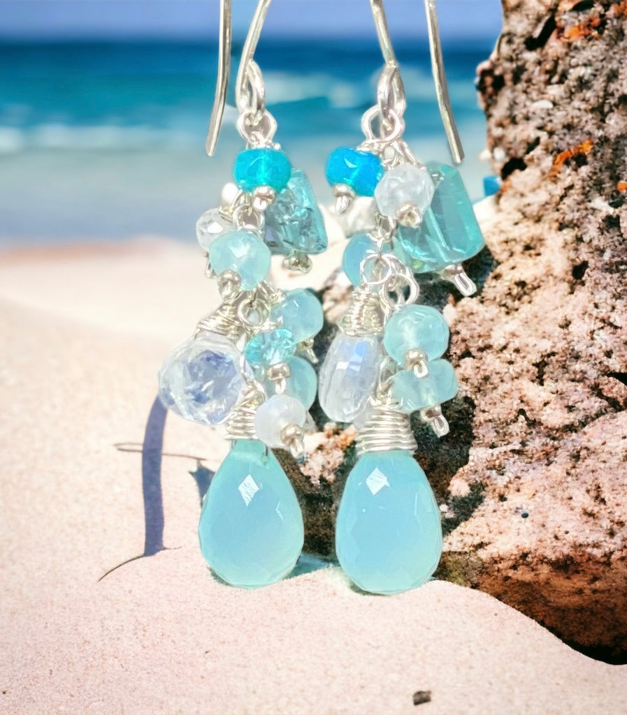 Aqua Chalcedony, Moonstone and Sterling Silver Dangle Earrings