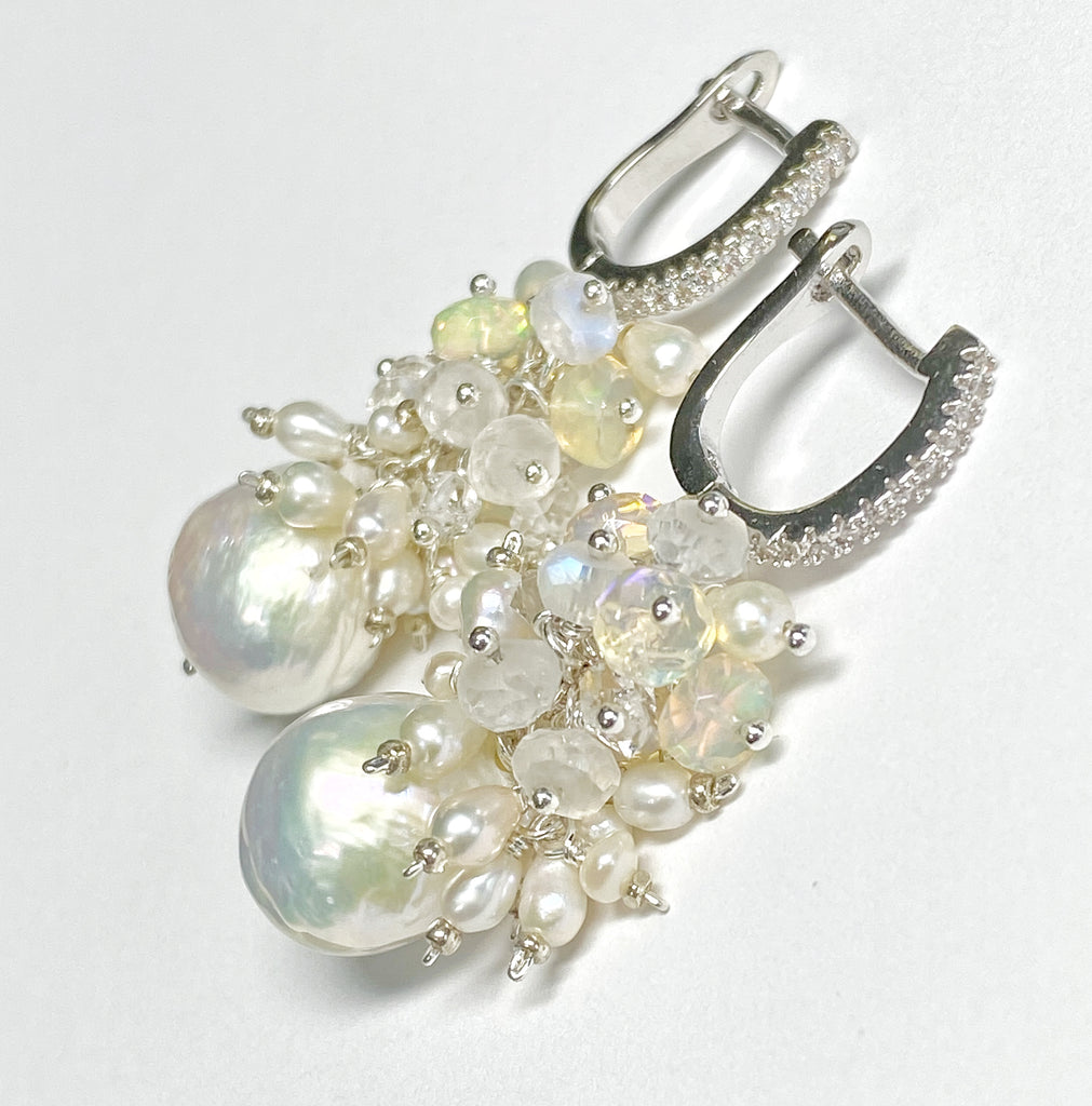 Baroque Edison Pearl and Opal Cluster Earrings Sterling Silver
