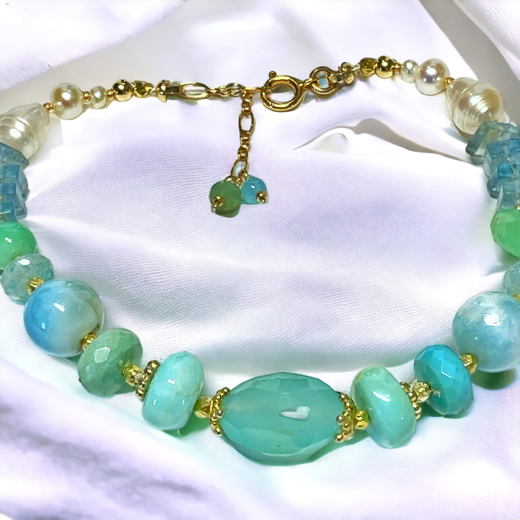 Pearl and Gem Bracelet Coastal Grandmother, Aqua Chalcedony, Larimar Bracelet