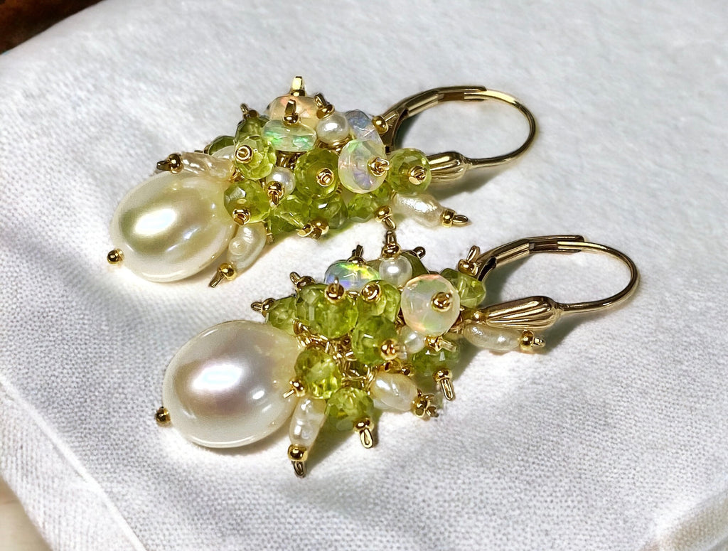 Peridot, opal and pearl cluster earrings in gold fill