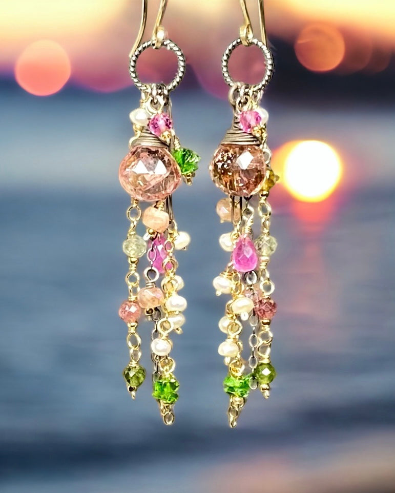 Pastel Tourmaline Gemstone Mixed Metal Long Boho Dangle Earrings
