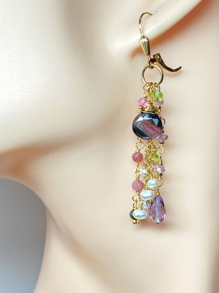 Plum Purple Tourmaline Pastel Gemstone Long Dangle Earrings 2