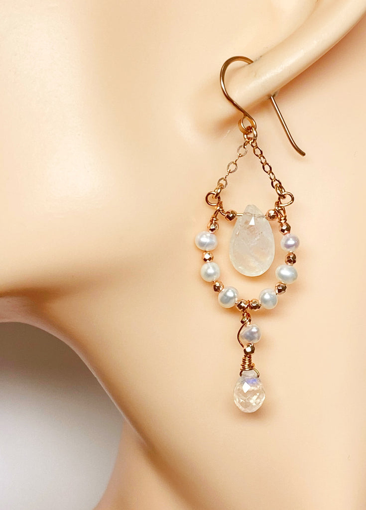 Rose Gold Rainbow Moonstone Pearl Petite Chandelier Earrings