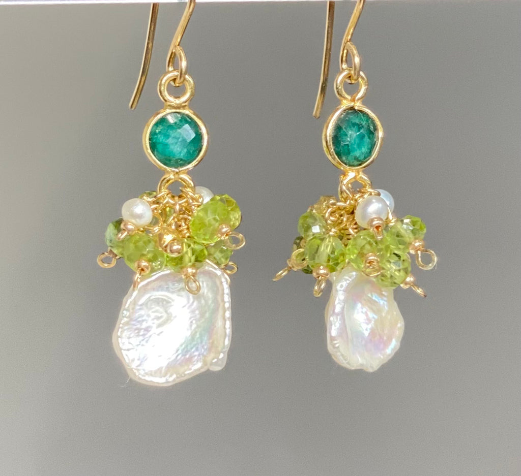 Emerald and Peridot Gemstone Cluster Keishi Pearl Earrings