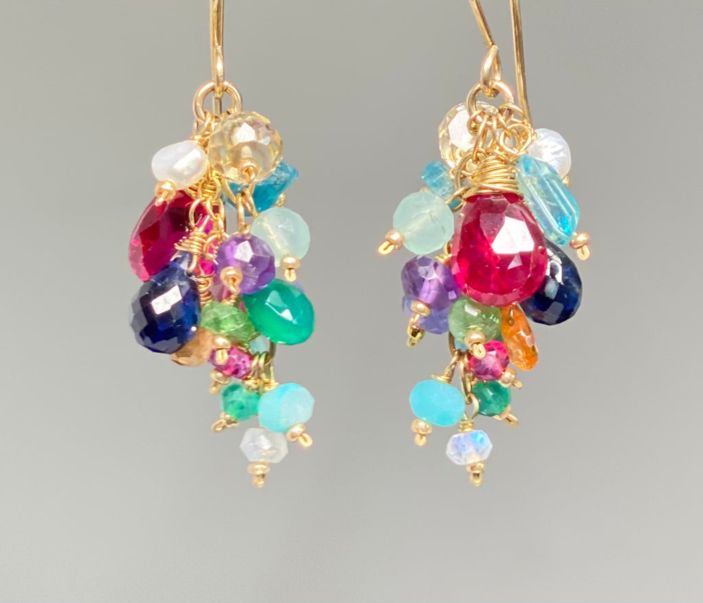 Rainbow Gemstone Cluster Dangle Earrings with Pink Red Topaz Gold Fill