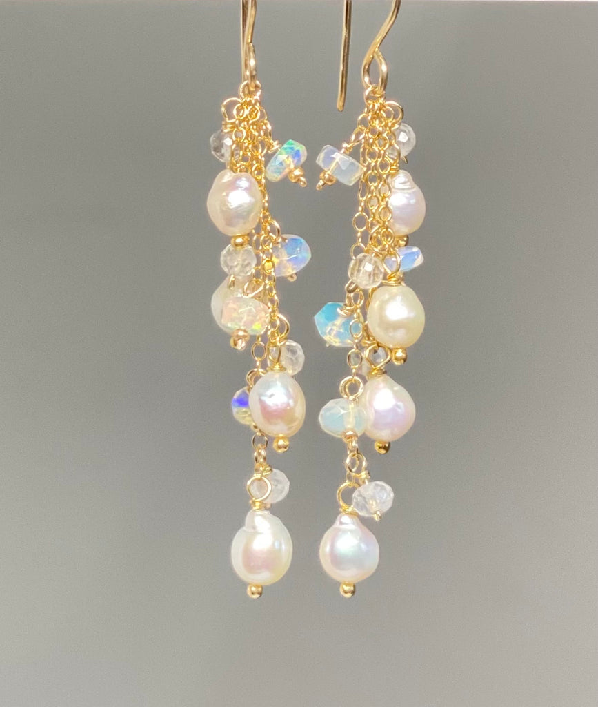 Edison Pearl Dainty Dangle Earrings with Moonstones and Opals