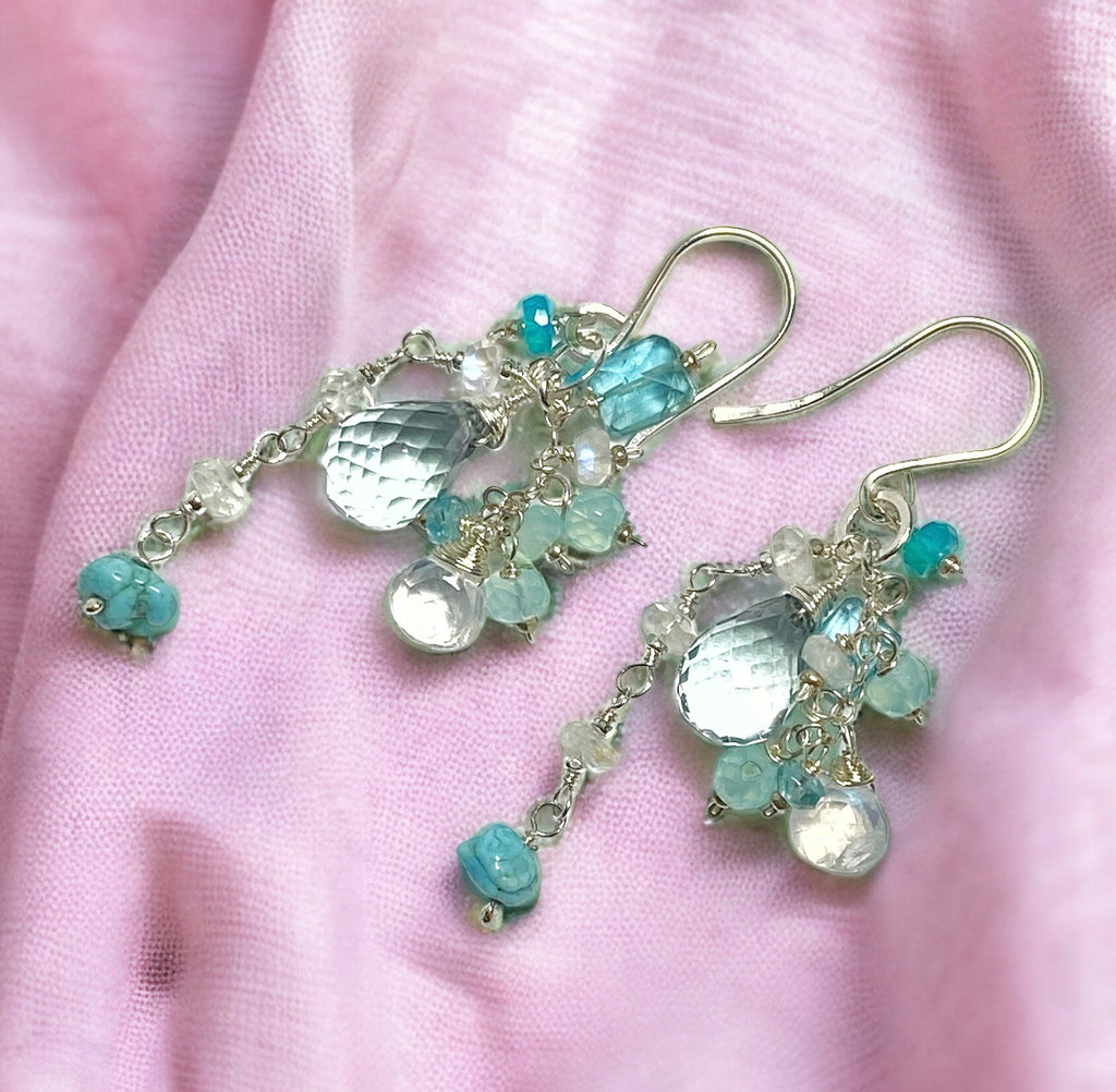 Aqua Quartz, Moonstone, Apatite and Sterling Silver Dangle Earrings
