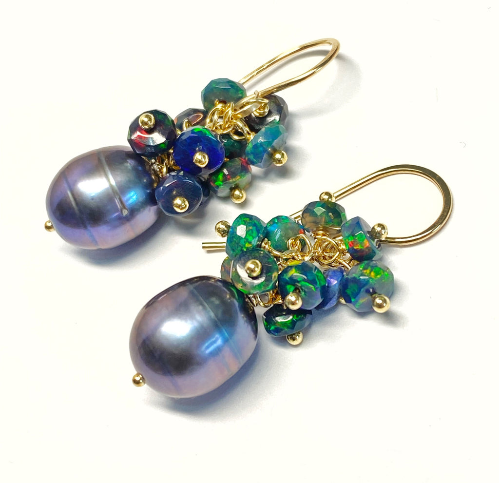 Black Grey Peacock Pearl Black Opal Cluster Earrings Gold Fill