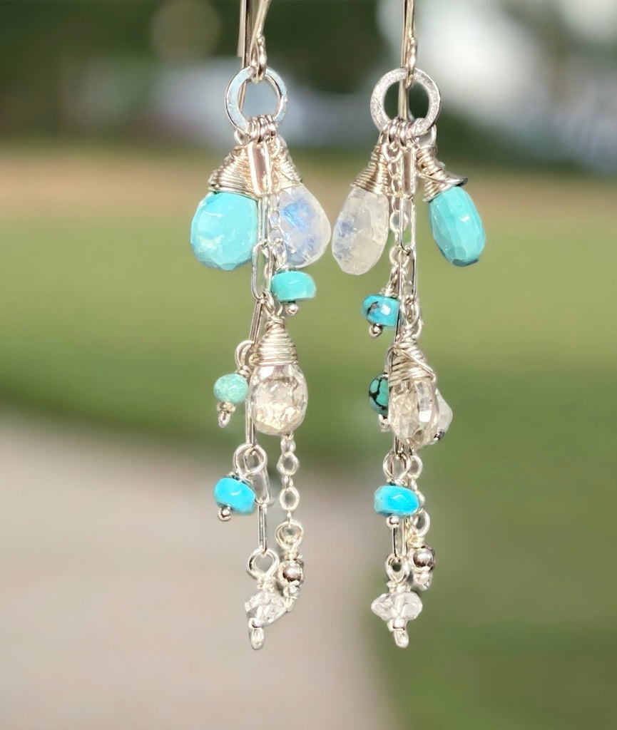 Sleeping Beauty Turquoise Long Sterling Silver Boho Dangle Earrings