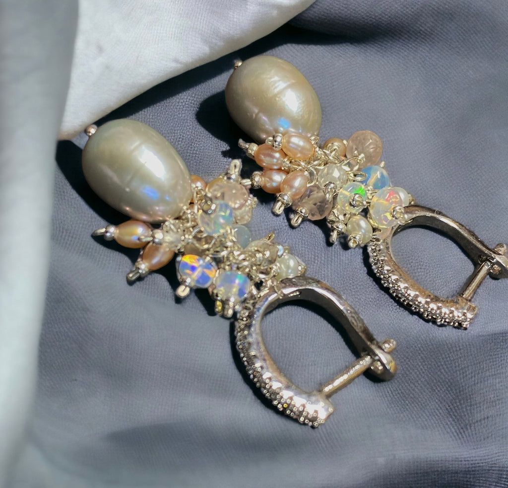 Silver Gray Pearl Earrings with Opal Clusters Sterling Silver