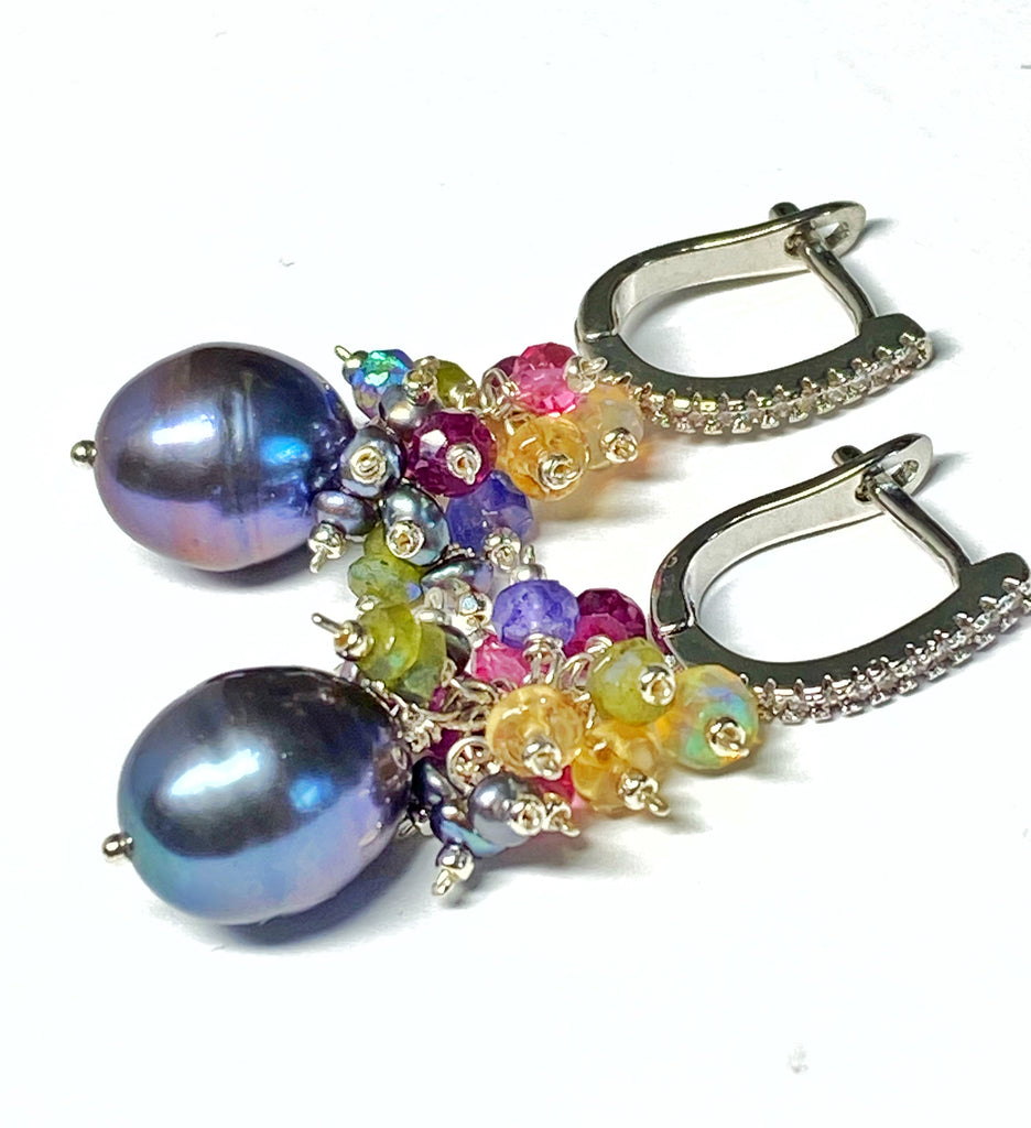 Black Peacock Pearl Earrings with Gemstone Clusters in Sterling Silver