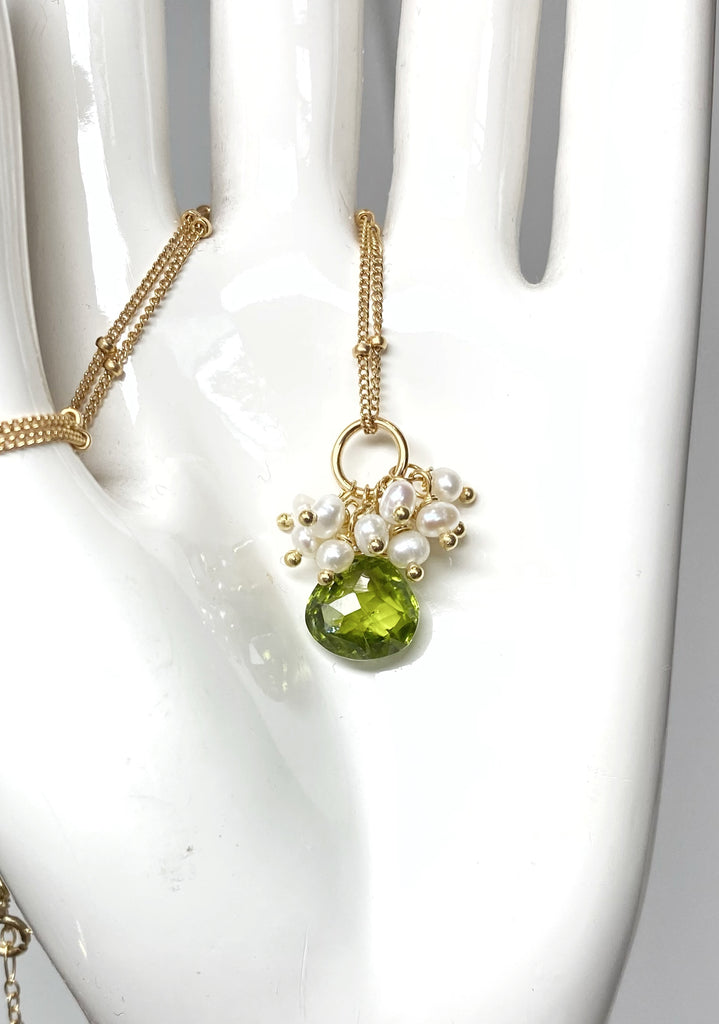 Peridot Gemstone Pendant Gold Fill with Pearl Clusters