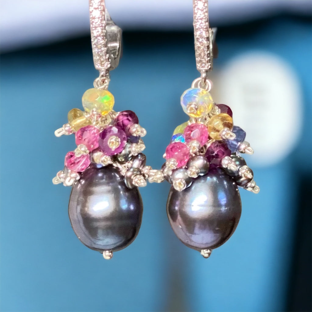 Black Peacock Pearl Earrings with Gemstone Clusters in Sterling Silver