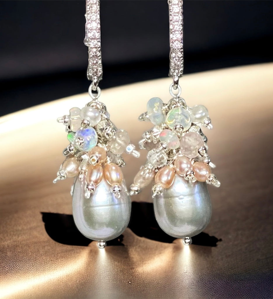 Opal cluster earrings with silver and pink pearls in sterling silver