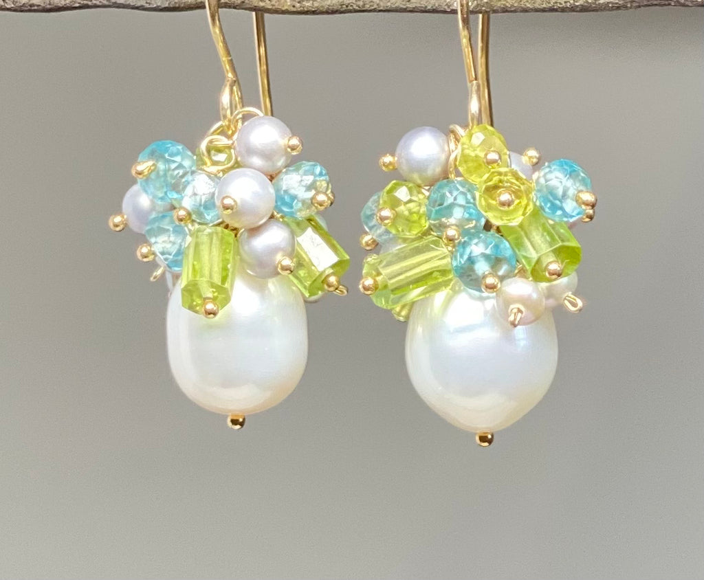Peridot Pearl Cluster Earrings Blue Zircon Gold