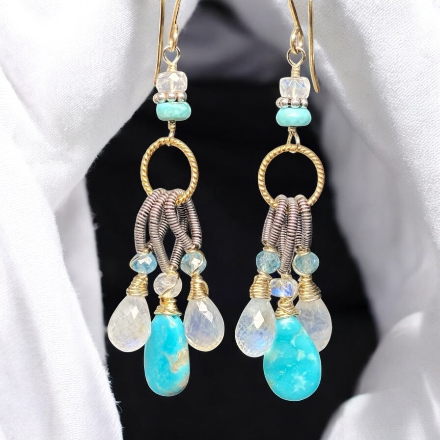 Turquoise & Rainbow Moonstone Dangle Earrings Mixed Metals
