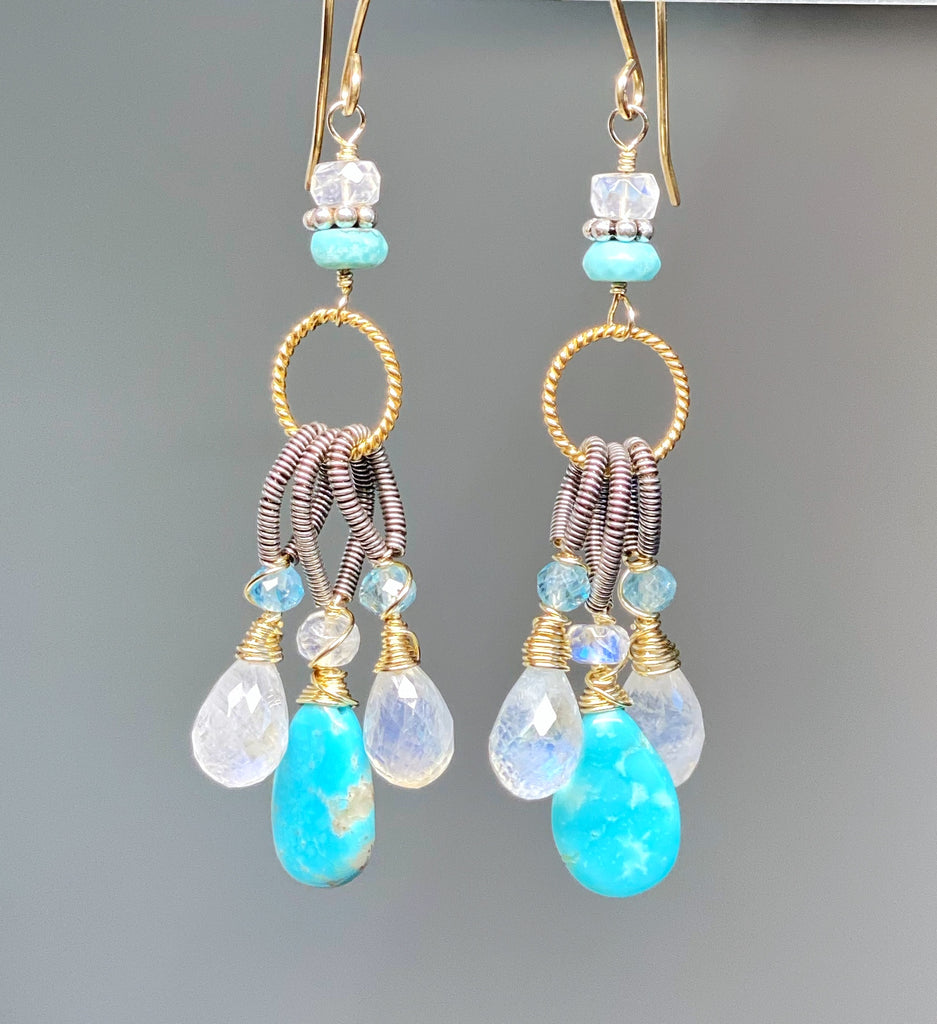 Turquoise & Rainbow Moonstone Dangle Earrings Mixed Metals