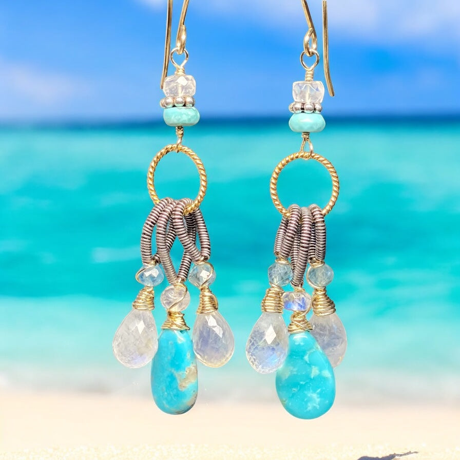 Turquoise & Rainbow Moonstone Dangle Earrings Mixed Metals