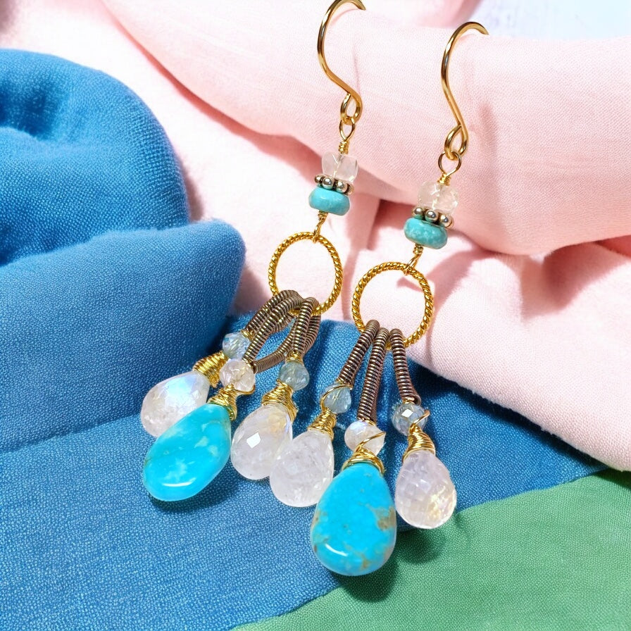 Turquoise & Rainbow Moonstone Dangle Earrings Mixed Metals