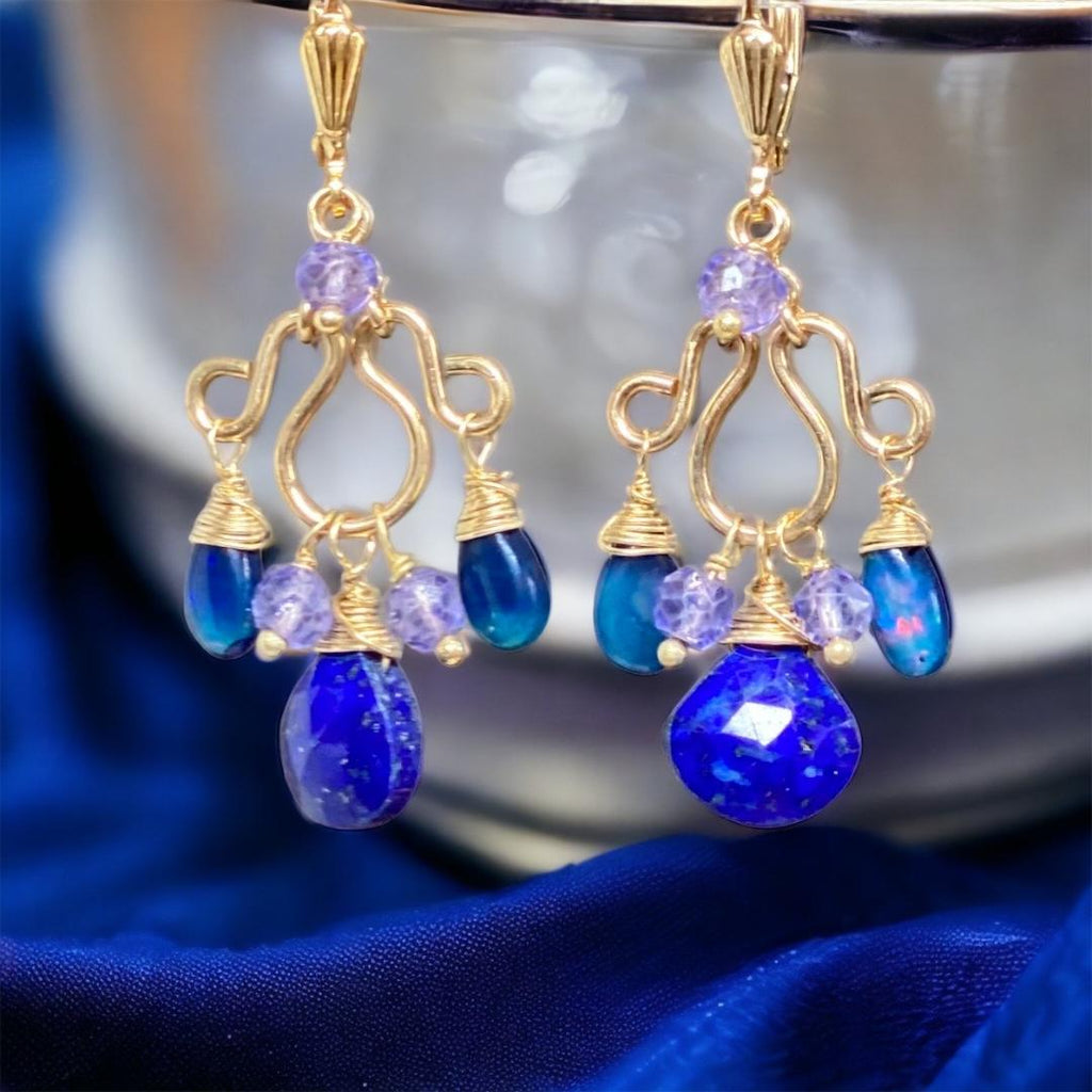 Blue Lapis, Blue Opal Chandelier Earrings Gold Fill