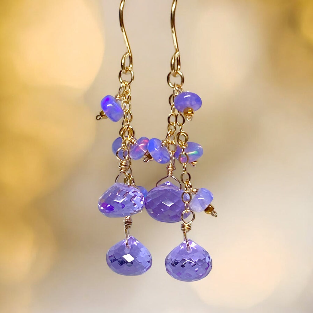 Lavender Quartz and Opal Dangle Earrings Gold Fill