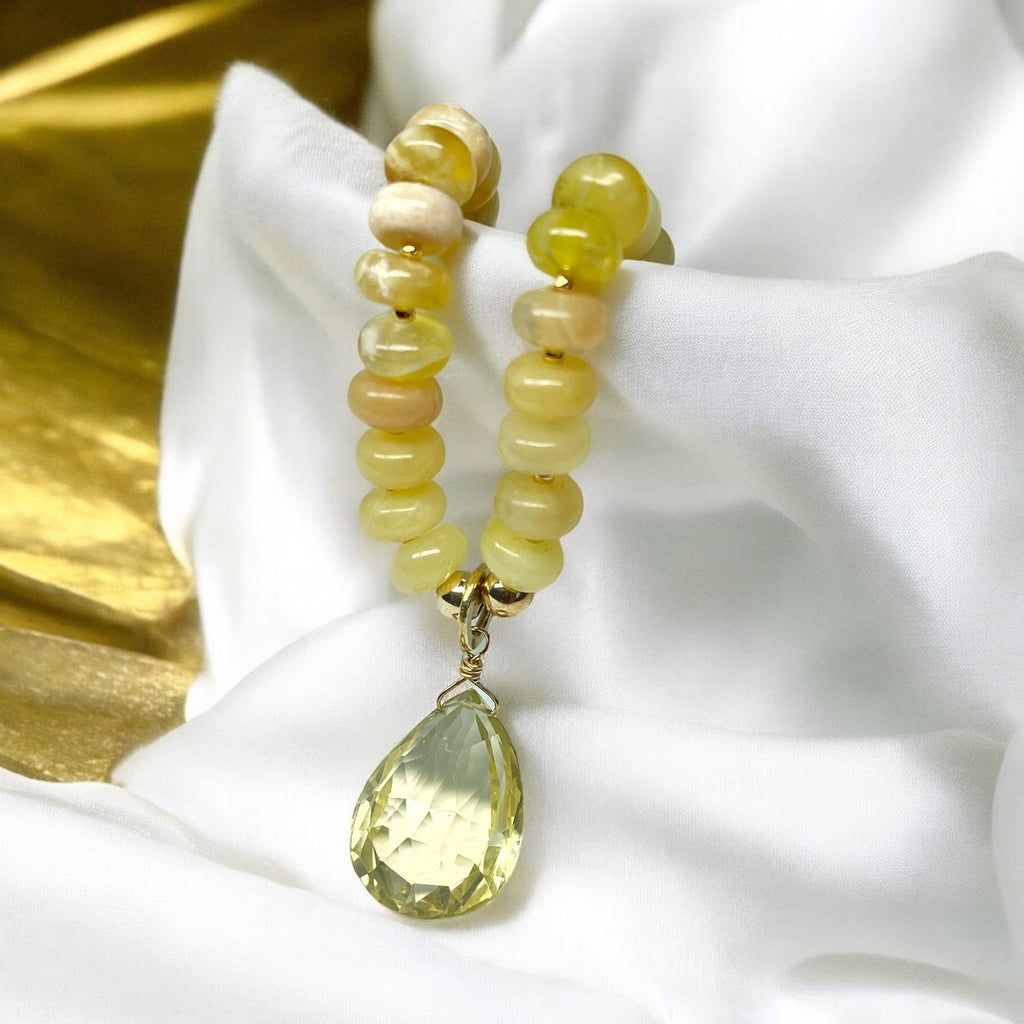 Lemon Quartz Gemstone Pendant on Yellow Opal Knotted Necklace, Gold Fill