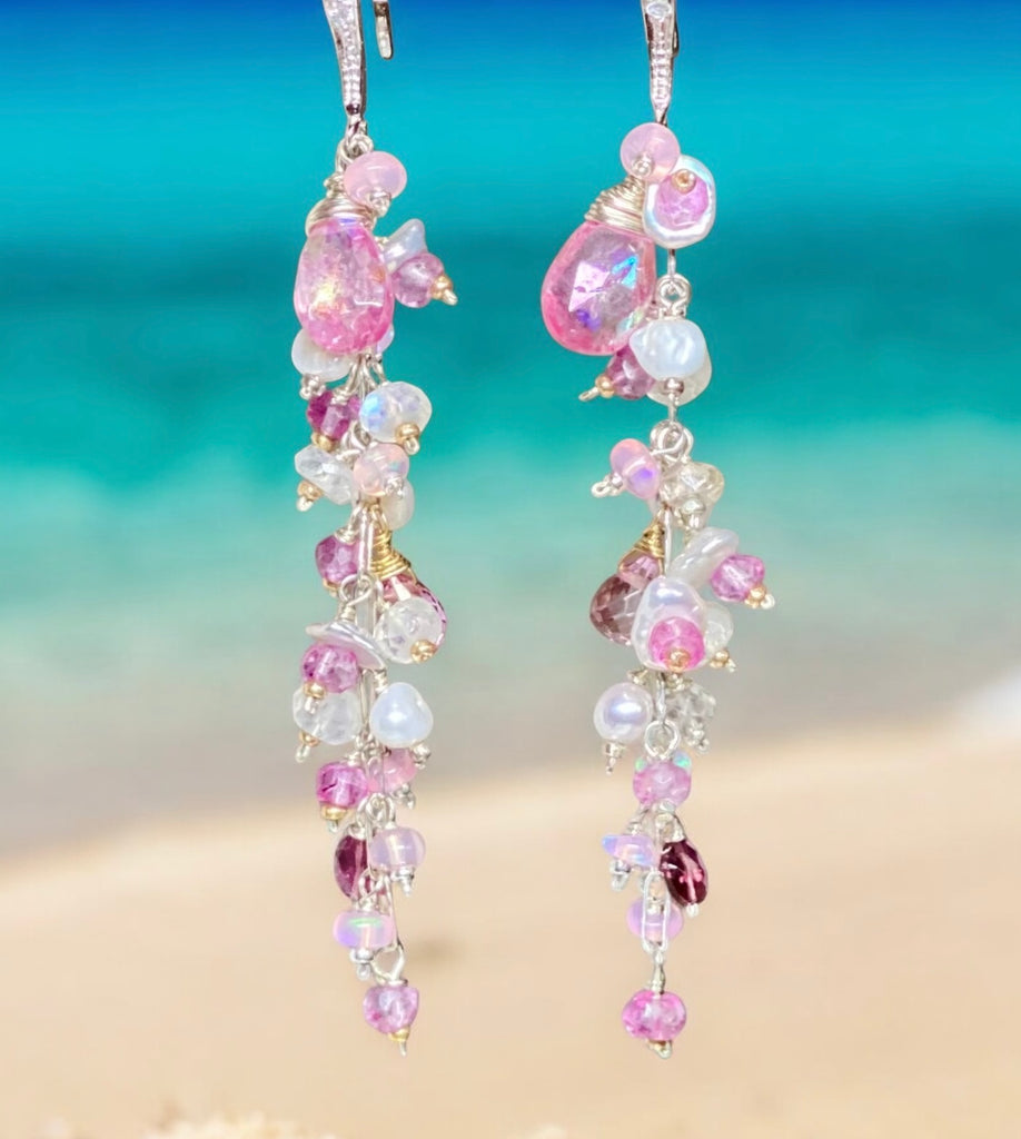 Long Pink Topaz and Pearl Duster Earrings Sterling Silver
