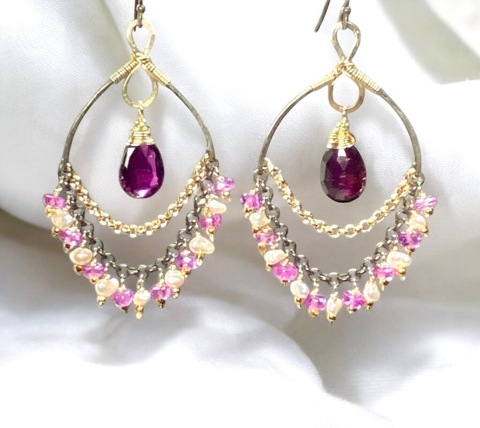 Rhodolite Garnet Chandelier Earrings with Sapphires in Mixed Metals 2